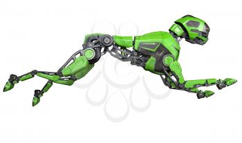 Green Robot dog runs on a white background. 3D illustration