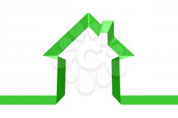 Green house silhouette made of green ribbon isolated on white background. Ecology house, eco buildings and real estate concept. 3D illustration.