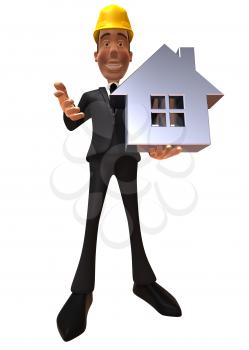 Royalty Free 3d Clipart Image of a Businessman Wearing a Hardhat and Holding a House Model