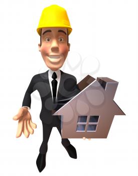 Royalty Free 3d Clipart Image of a Businessman Wearing a Hardhat and Holding a House Model