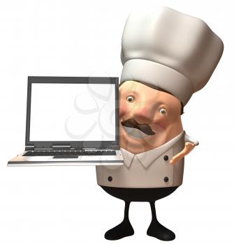 Royalty Free 3d Clipart Image of a Chef Holding a Laptop Computer