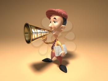 Royalty Free 3d Clipart Image of a Paperboy With an Armful of Newspapers and Talking into a Megaphone