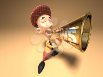 Royalty Free 3d Clipart Image of a Paperboy With an Armful of Newspapers and Talking into a Megaphone