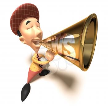 Royalty Free 3d Clipart Image of a Paperboy With an Armful of Newspapers and Talking into a Megaphone