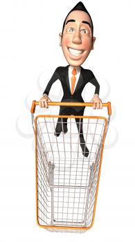 Royalty Free 3d Clipart Image of an Asian Businessman Pushing a Shopping Cart