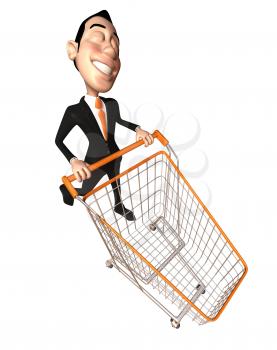 Royalty Free 3d Clipart Image of an Asian Businessman Pushing a Shopping Cart