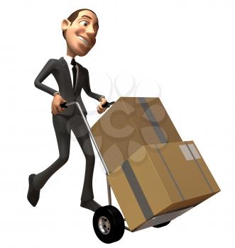 Royalty Free 3d Clipart Image of a Businessman Pushing a Dolly Cart with Cartons on it.