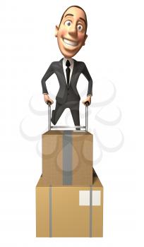 Royalty Free 3d Clipart Image of a Businessman Pushing a Dolly Cart with Cartons on it.