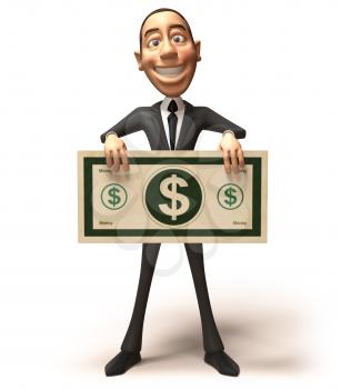 Royalty Free 3d Clipart Image of a Businessman Holding a Large Dollar Bill