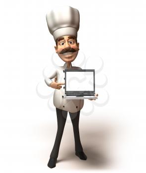 Royalty Free 3d Clipart Image of a Chef Holding a Laptop Computer