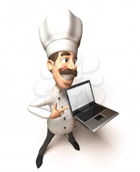 Royalty Free 3d Clipart Image of a Chef Holding a Laptop Computer