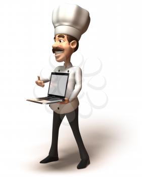 Royalty Free 3d Clipart Image of a Chef Holding a Laptop Computer