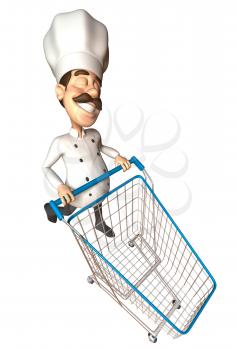 Royalty Free 3d Clipart Image of a Chef Pushing a Shopping Cart