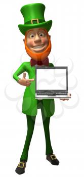 Royalty Free 3d Clipart Image of a Leprechaun Holding a Laptop Computer