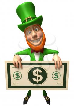 Royalty Free 3d Clipart Image of an Leprechaun Holding a Large Dollar Bill