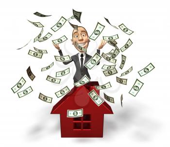 Royalty Free 3d Clipart Image of a Real Estate Agent Standing Behind a Model of a House With Money Raining Down Around Him