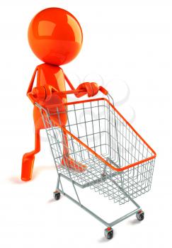 Royalty Free 3d Clipart Image of a Red Guy Pushing a Shopping Cart