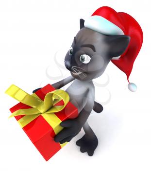 Royalty Free 3d Clipart Image of a Cat Wearing a Christmas Hat and Holding a Gift