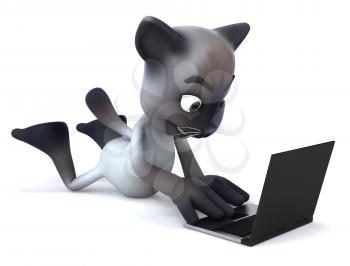 Royalty Free 3d Clipart Image of a Cat Laying on the Floor With a Laptop Computer