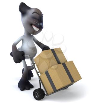 Royalty Free 3d Clipart Image of a Cat Pushing a Dolly Cart With Cartons