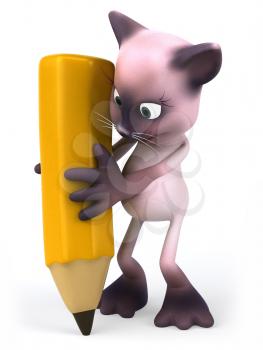 Royalty Free Clipart Image of a Pink Cat With a Pencil