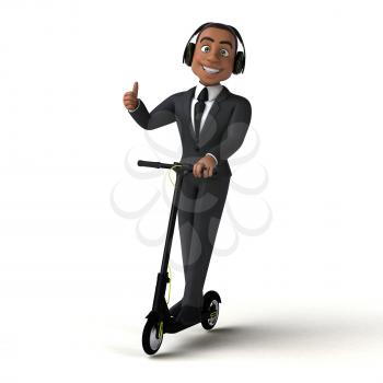 Fun 3D illustration of a fun business man on an electric scooter