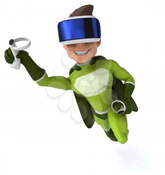 Fun 3D Illustration of a superhero with a VR Helmet