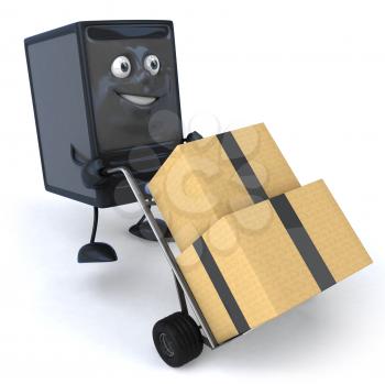 Royalty Free 3d Clipart Image of a Computer Pushing a Dolly Cart with Boxes on it