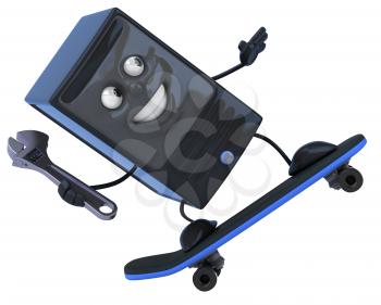 Royalty Free 3d Clipart Image of a Computer Riding a Skateboard Holding a Wrench