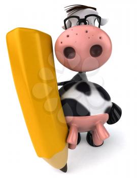 Royalty Free Clipart Image of a Holstein Cow With a Pencil