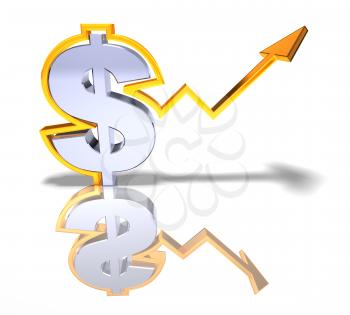 Royalty Free 3d Clipart Image of a Dollar Sign With an Arrow Pointing Upwards