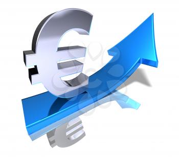 Royalty Free 3d Clipart Image of a Euro Sign with an Arrow Pointing Upwards