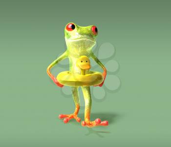 Royalty Free 3d Clipart Image of a Frog Wearing a Ducky Flotation Device