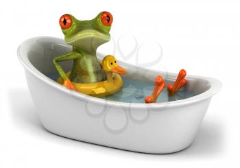 Royalty Free Clipart Image of a Frog in a Bathtub