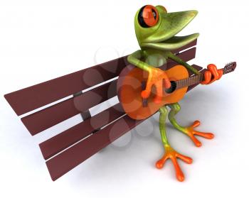 Royalty Free 3d Clipart Image of a Frog Sitting on a Bench Playing a Guitar