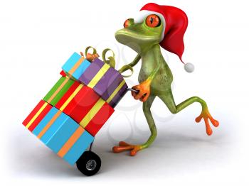 Royalty Free 3d Clipart Image of a Frog Wearing a Santa Hat and Pushing a Dolly Cart Full of Presents