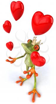 Royalty Free 3d Clipart Image of a Frog Wearing a Crown and Juggling Hearts