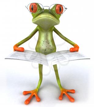 Royalty Free 3d Clipart Image of a Frog Wearing Wire Framed Eyeglasses and Reading a Book