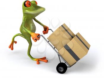 Royalty Free 3d Clipart Image of a Frog Pushing a Dolly Cart with Boxes on it