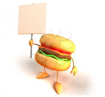 Royalty Free 3d Clipart Image of a Hamburger Holding a Blank Sign