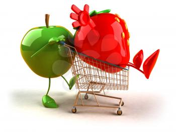 Royalty Free 3d Clipart Image of an Apple Pushing a Strawberry in a Shopping Cart