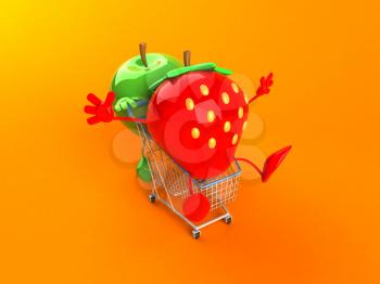 Royalty Free 3d Clipart Image of an Apple Pushing a Strawberry in a Shopping Cart