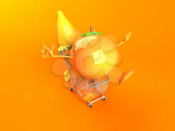 Royalty Free 3d Clipart Image of a Banana Pushing a Orange in a Shopping Cart