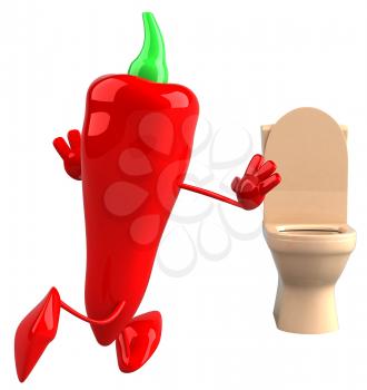 Royalty Free Clipart Image of a Red Pepper Running to the Toilet