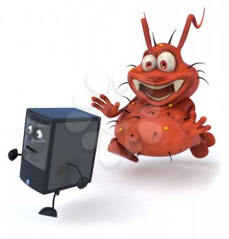 Royalty Free Clipart Image of a Germ Chasing a Computer