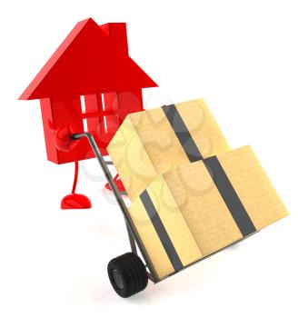 Royalty Free 3d Clipart Image of a House Pushing a Dolly Carts With Boxes