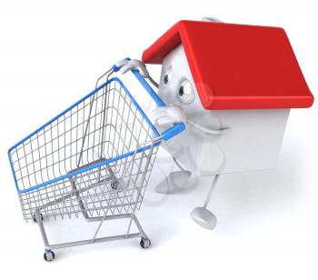 Royalty Free 3d Clipart Image of a House Pushing a Shopping Cart