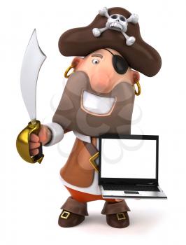 Royalty Free Clipart Image of a Pirate With a Sword and a Laptop