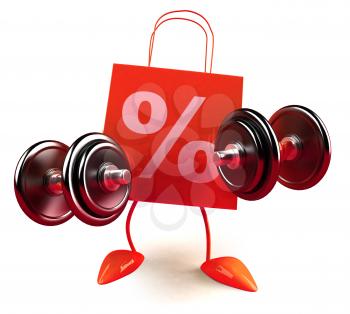 Royalty Free 3d Clipart Image of Shopping Bags with Percentage Signs on Them Lifting Dumbbells