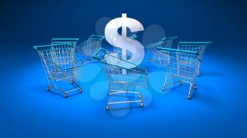 Royalty Free 3d Clipart Image of Shopping Carts With a Blue Background and Dollar Sign in the Centre